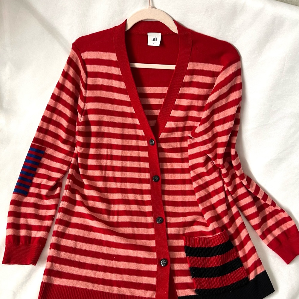 CABI Chic Striped Red Cardigan